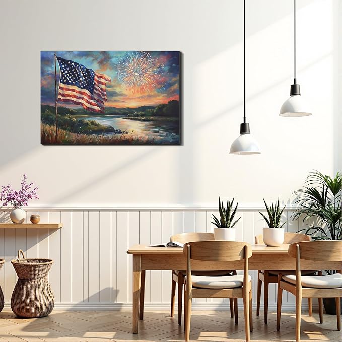 Framed American Flag Sunset Fireworks Wall Art, Patriotic 4th of July Canvas Art Pictures, USA Flag Wall Decor for Living Room Man Cave Bar, Ready to Hang Made in USA