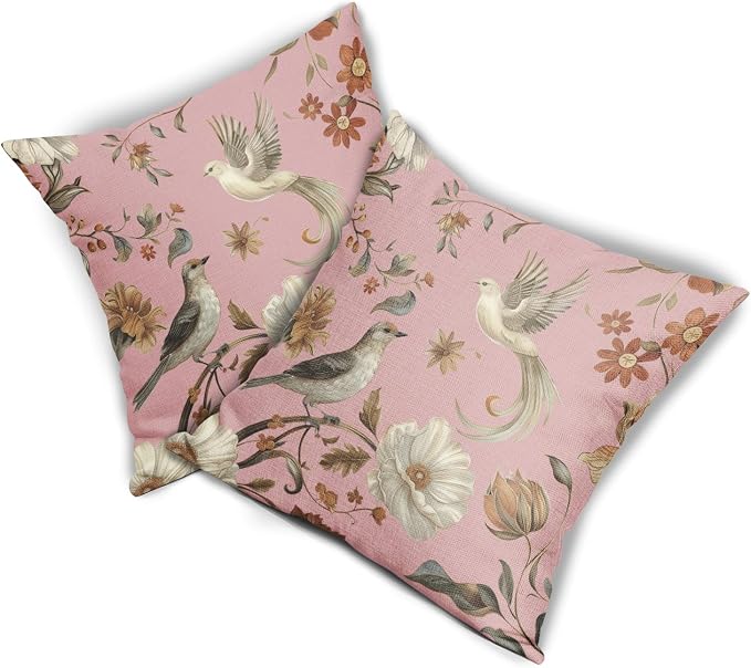 Kawani Vintage Floral Pillow Covers 16x16 Inch Set of 2 Pink Chinoiserie Flower and Bird Outdoor Decorative Throw Pillows Retro Rustic Pillowcases Farmhouse Cushion Covers for Couch Home Decor