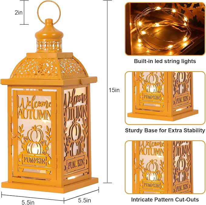 NEEDOMO Fall Decorations for Home, Decorative Candle Lantern for Tabletop Mantel Decor, Vintage Metal Lantern Candle Holders for Indoor Outdoor Decor, Halloween,Thanksgiving,Autumn(Pumpkin)