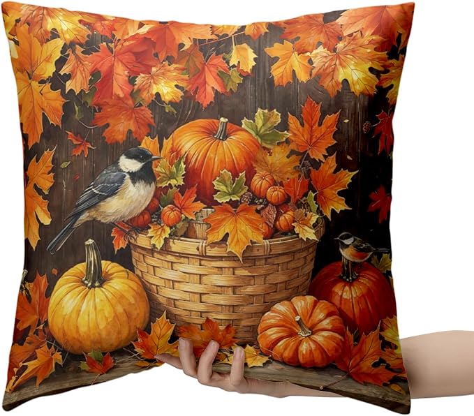 Orange Pumpkin Pillow Covers Autumn Outdoor Pillows Cases Fall Maple Leaf Throw Pillow Covers 18x18 Set of 2 Harvest Thanksgiving Cushion Cases for Home Farmhouse Couch Sofa