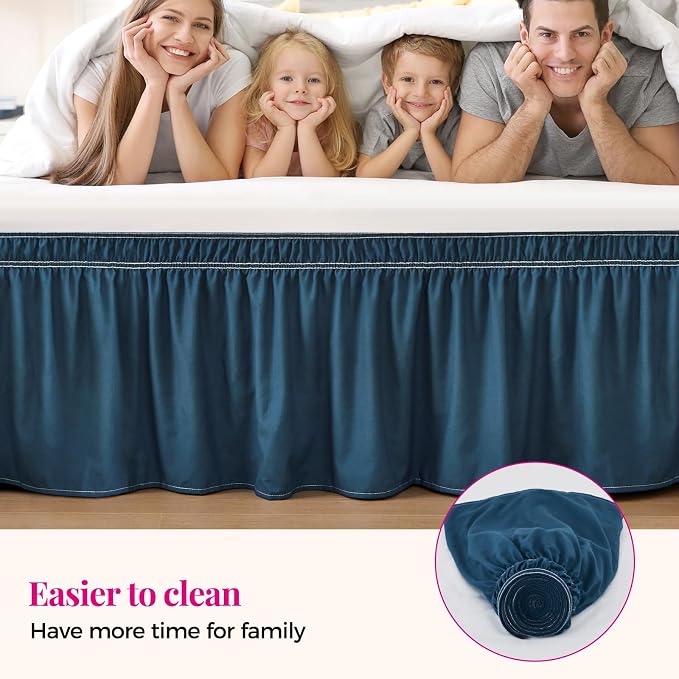 Dusty Navy Bed Skirt Queen Size 18" Drop, Elastic Wrap Around Bedskirt | Solid Ruffled, Easy to Use, No Mattress Lifting, Wrinkle & Fade Resistant, with Adhesive Strips, Machine Wash/Dry/Iron