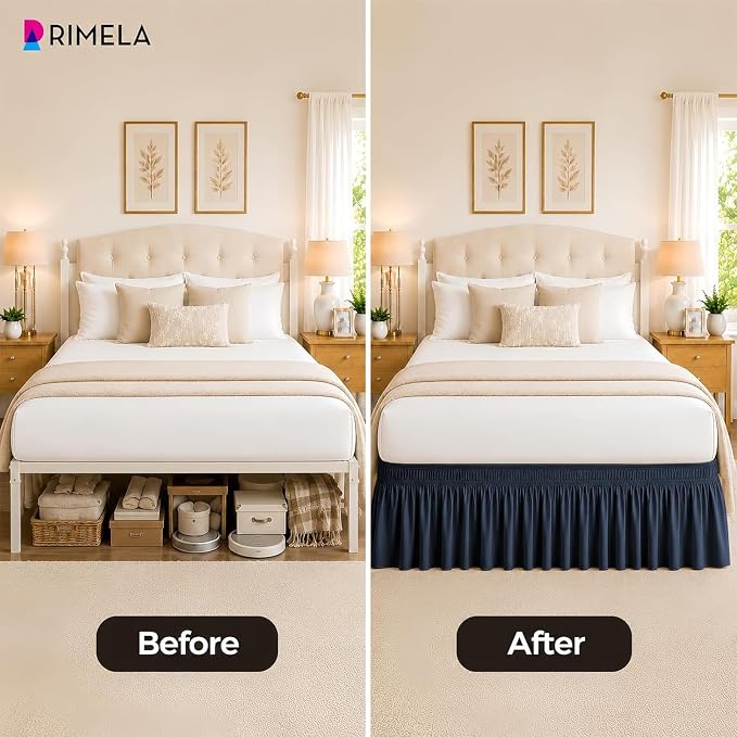 Navy Blue Bed Skirt Queen Size 18" Drop, Elastic Wrap Around Bedskirt | Solid Ruffled, Easy to Use, No Mattress Lifting, Wrinkle & Fade Resistant, with Adhesive Strips, Machine Wash/Dry/Iron