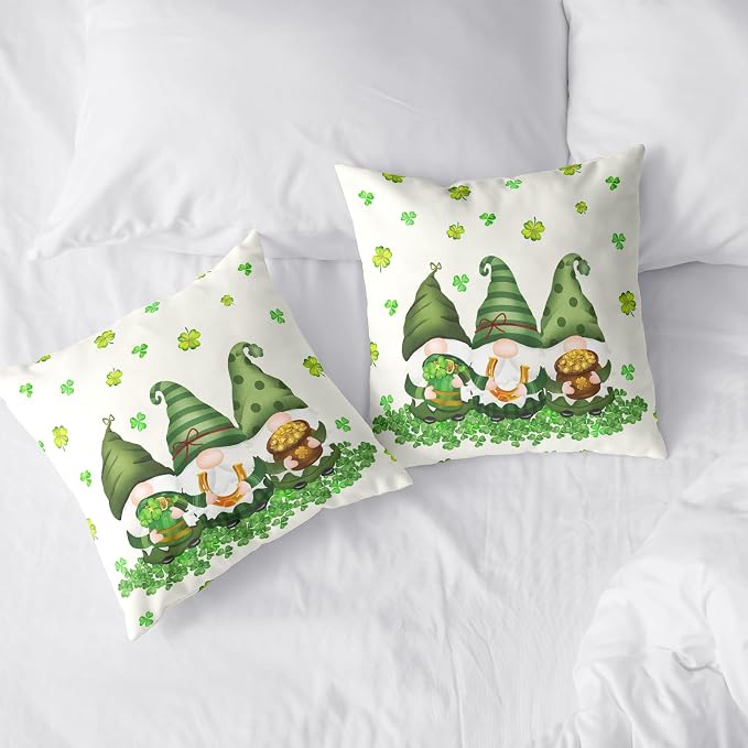 Lucky Shamrocks Gnomes Pillow Cases 20x20 Set of 2 March Holiday Throw Pillow Covers Soft Cotton Blend Cushion Case St Patricks Day Decorations for Couch Sofa Bedroom Home