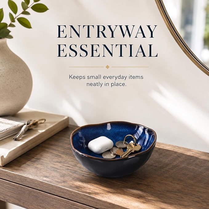 6" Blue Ceramic Decorative Bowl, Key Bowl for Entryway Table, Candy Dishes, Salad Bowl, Fruit Bowl for Kitchen Counter, Blue Small Jewelry Trinket Dish for Bedroom, Bedside Table, Living Room