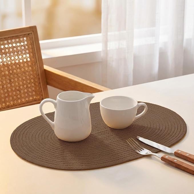 Placemats Set of 6, Woven Oval Braided Dining Table Mats(Chocolate Brown) | 12 x 17.5 Inch Size Fits Plates and Flatware; Hand Washable and Heat Resistant for Kitchen Use, with Farmhouse and Boho Style