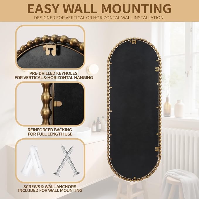 20"x53" Oval Full Length Wall Mirror, Unique Bold Beaded Frame | Antique gold long oval mirror, vertical or horizontal hanging for dressing room, bathroom, entryway, bedroom, living room