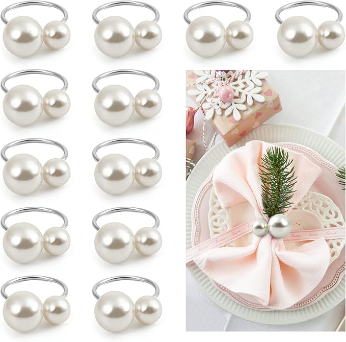 Kesote Pearl Napkin Rings Set of 12, Silver Napkin Wraps | Napkin Holder Rings, Formal or Casual Dining, Table Decor