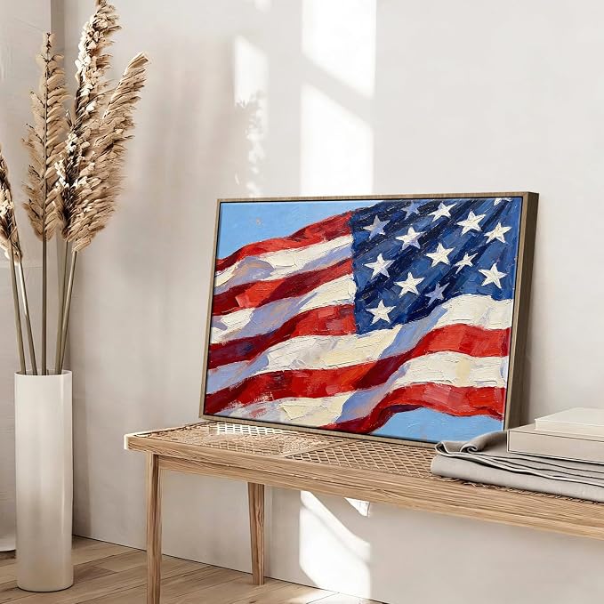 American Flag Framed Canvas Wall Art, 4th of July Patriotic Canvas Prints | USA Flag with Picture Poster Print, Modern Independence Day Wall Decor for Bedroom Living Room Office 20×24in