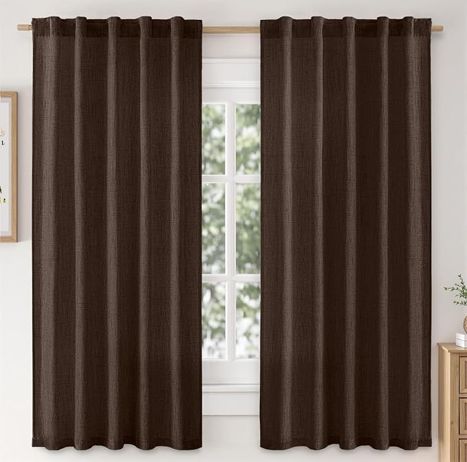 MIULEE Faux Linen Curtains 72 Inch Length 2 Panels Natural Semi Sheer Curtain with Back Tab Rod Pocket, Light Filtering Window Privacy Burlap Drapes for Living Room Bedroom 42W x 72L Dark Brown