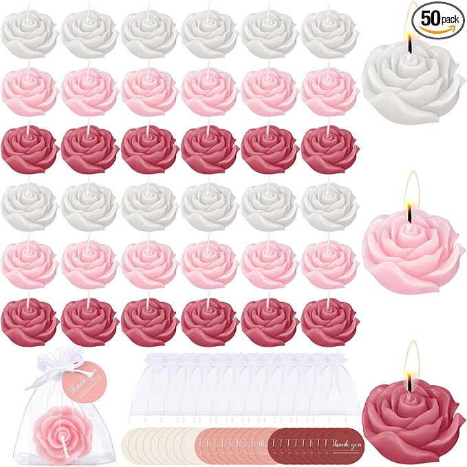 Treela 50 Set Rose Flower Candles, Dusty Pink Wedding Favors for Guests