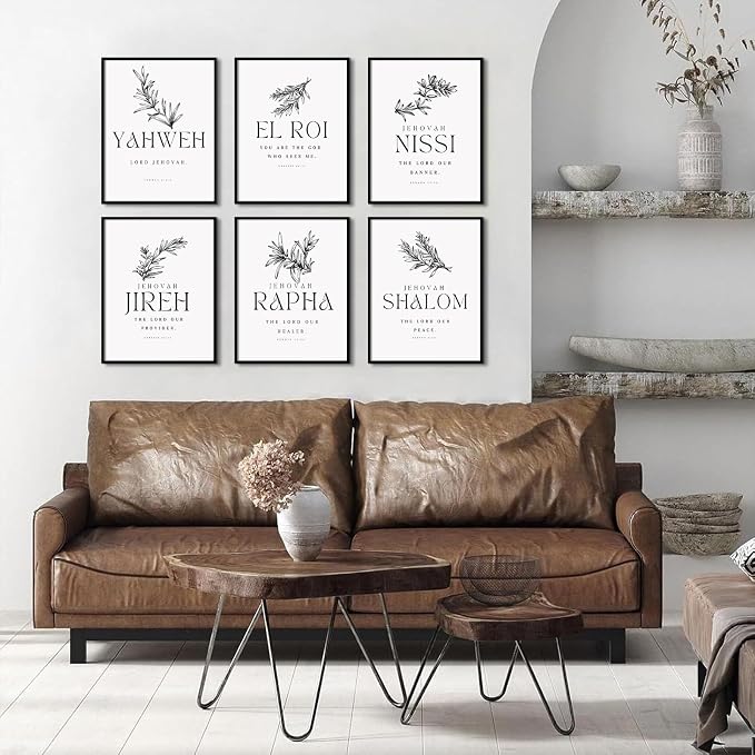 Christian Hebrew Names of God Wall Art Bible Verse Scripture Canvas Wall Decor Art Minimalist Jesus Pictures Modern Christian Poster Artwork Bible Verse Prints for Room 12x16 Inch Unframed Set of 6