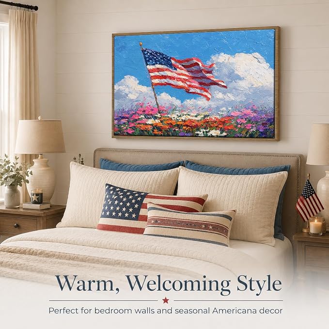 American Flag Framed Canvas Wall Art, 4th of July Patriotic Canvas Prints | Wildflower Landscape Poster Print, Vintage Rustic Independence Day Wall Decor for Bedroom Living Room Office 6×8in