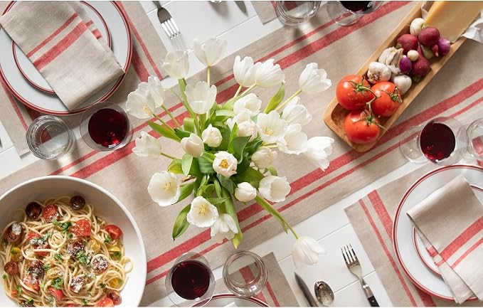 Solino Home 100% Pure Linen Table Runner, 14 x 108 in, Red, French Stripe | brings a tailored look to family meals and hosting, woven stripe, European flax fibres, machine washable, OEKO-TEX Certified
