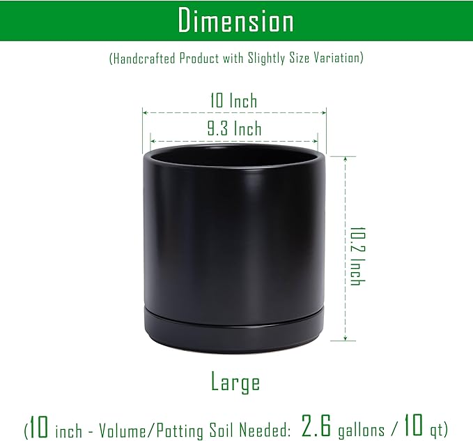 D'vine Dev 10 Inch Ceramic Planter Pot, Black, 94-O-E-2 | Modern Cylinder Design, Drainage Hole & Saucer Included, Stable Structure, Elegant Home Accent