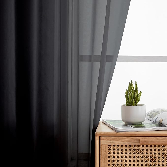 Simplebrand Black Sheer Curtains 90 Inches Long, Light Filtering Rod Pocket Solid Color Window Sheer Curtain Panels, Elegant Curtains & Drapes for Living Room, Bedroom 2 Panels (Black, 59" W x 90" L)