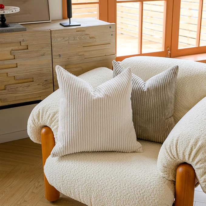 LANANAS Decorative Corduroy Throw Pillow Covers 18x18 Inch Neutral | Set of 4 Neutral Couch Farmhouse Boho Throw Pillows for Living Room, Couch, Bed, Sofa Soft Accent Home Decor