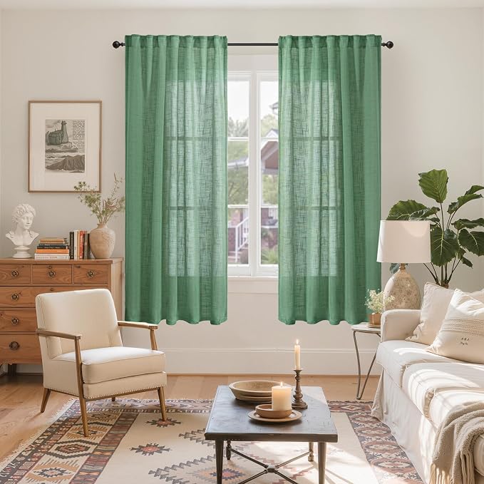 YoungsTex Green Linen Semi Sheer Curtains 63 Inch Length - Short Light Filtering Drapes with Back Tab Rod Pocket Lightweight for Living Room Window, 2 Panels, 42 X 63 Inch