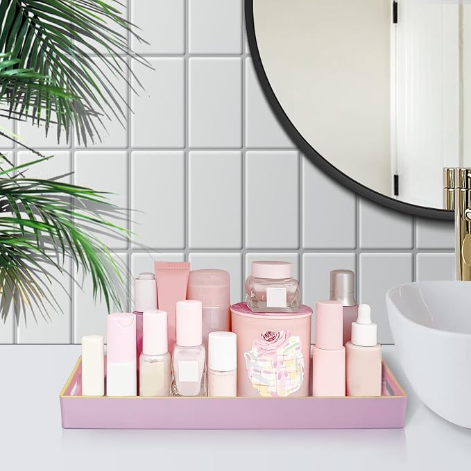 MAONAME Pink Vanity Tray Set of 2, Rectange Toilet Tank Trays with Handles