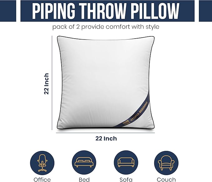 Utopia Bedding 22x22 Throw Pillow Inserts, Decorative Pillows, Pack of 2 | Piping Throw Pillows, Plush & Supportive, Aesthetic Cushion Sham Stuffer for Sofa, Office, Couch & Bed, Set of 2, White