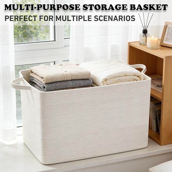 96L Woven Laundry Basket with Handles, Extra Blanket Basket,White | 24"×16"×15" Collapsible Cotton Rope Storage Basket for Toys Clothes & Pillows, Nursery, Bathroom, Bedroom, Living Room