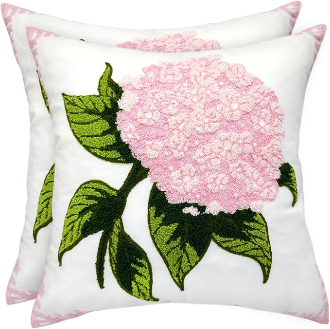 Alysheer Spring Hydrangea Embroidered Decorative Throw Pillow Covers 18"x 18" Set of 2, Summer Floral Tufted Patterned Light Pink Cotton Cushion Cases for Couch Bed Living Room Decor