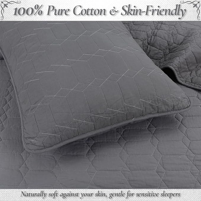 Cozy Line Home Fashions 100% Cotton Quilt Set – 3-Piece Charcoal Gray Solid Classic Modern Geometric Quilted Bedspread with Shams, Lightweight All Season Modern Bedding (Hexagon Gray, King)