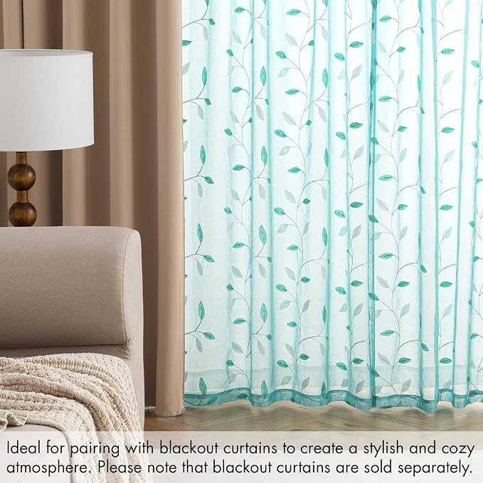 MIULEE Turquoise Sheer Curtains 2 Panels Leaf Patterned, W52 x L63 | Embroidered Floral Semi Sheer,Rod Pocket,Faux Linen,Short Window Curtains Drapes Set for Kitchen/Bathroom/Cafe