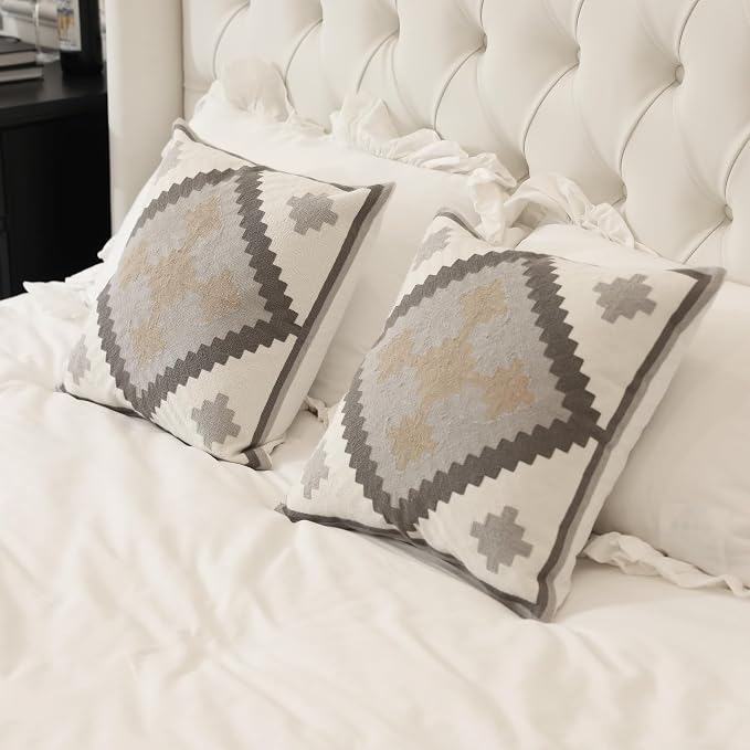 IKATYARN Pack of 2 Grey White Tan Southwestern Embroidery Throw Pillow Cover, Boho Tribal Geometric Pillowcase, Modern Farmhouse Aztec Cushion Case for Couch Sofa Bed, 18"x18"