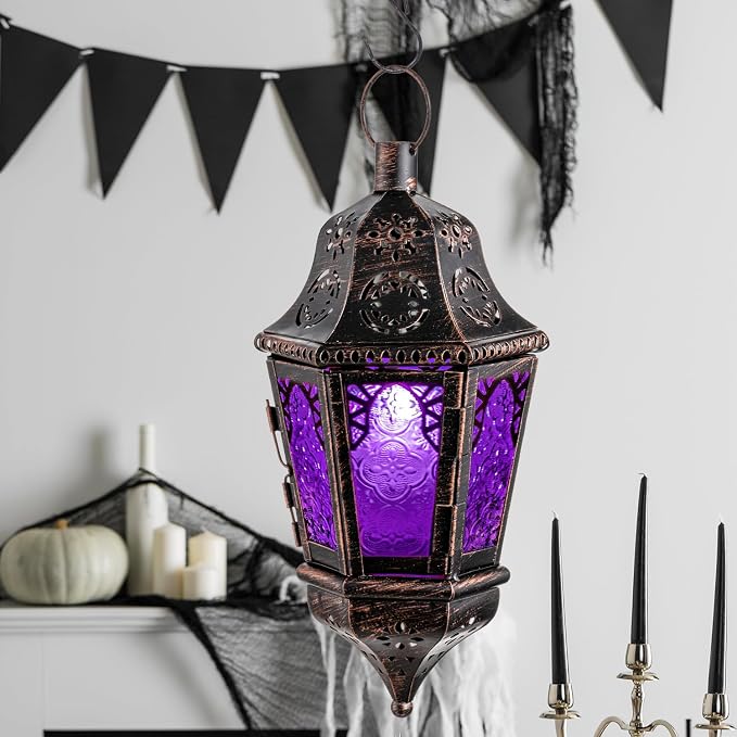 NEEDOMO Halloween Decorative Indoor Hanging Moroccan Lantern, 13.5'' Vintage Metal Candle Holder with 14.8" Chain, Ramadan Lanterns Decorative Indoor Outdoor for Home, Table, Patio, Porch (Purple)