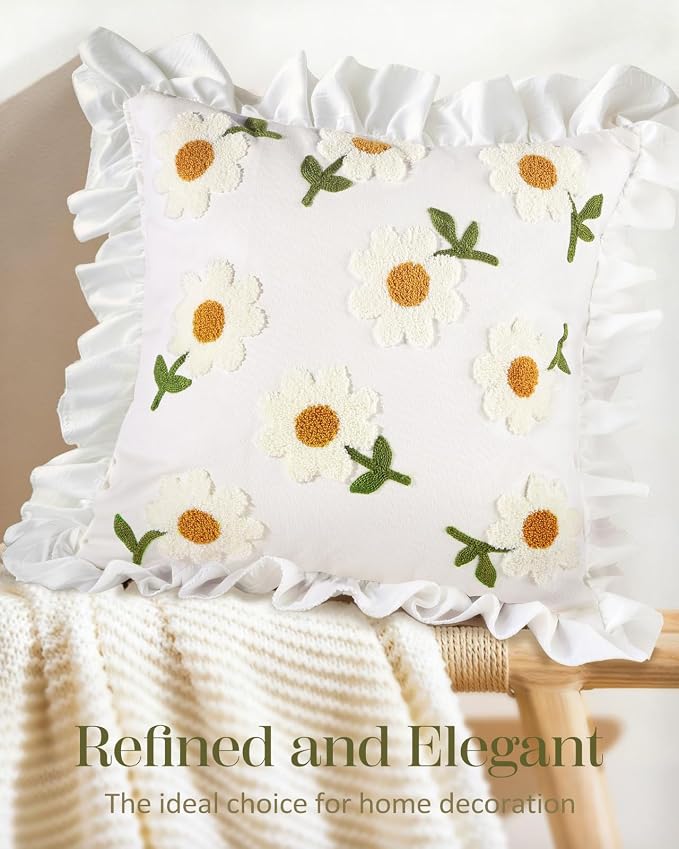 Embroidered Throw Pillow Cover - 18x18 Decorative Pillow Cover with Zipper Aesthetic Cute Design Boho Spring Summer Throw Pillowcase for Living Room Couch Sofa Bed, Ruffle Daisy
