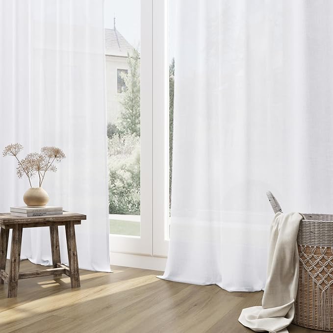 White Linen Curtains 120 Inch Length for Living Room Bedroom 2 Panels Set Rod Pocket Light Filtering Semi Sheer Window Curtains 52 Inch Width Boho Farmhouse Linen Drapes, W52xL120