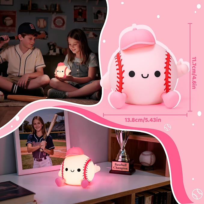 Attivolife Softball Night Light for Girls, Silicone LED Touch Lamp Rechargeable Nursery Bedroom Bedside Decor, Birthday Valentine's Day Gifts for Kid Girl Women Sport Lover