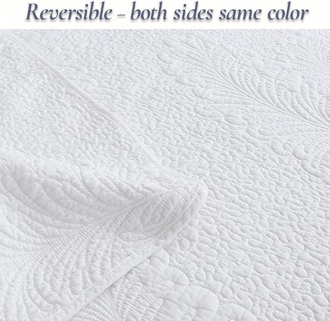 Cozy Line Home Fashions White 100% Cotton Quilt Set King | 3-Piece, Quilted Botanical Stitch Bedspread with Shams, Elegant, All Season Bedding