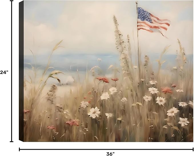 Framed American Flag Wildflower Field Wall Art, Patriotic Rustic Canvas Art Pictures, USA Flag Coastal Meadow Wall Decor, Made in USA Ready to Hang for Living Room Bedroom