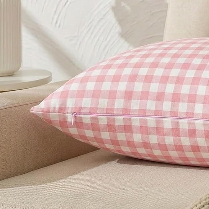 Cute Pink And White Gingham Plaid Pillow Covers 18x18 Set of 2, Light Pink Living Room Decor Throw Pillows For Bed Couch, Farmhouse Outdoor Square Cushion Covers 18 x 18 (No Pillow Inserts)