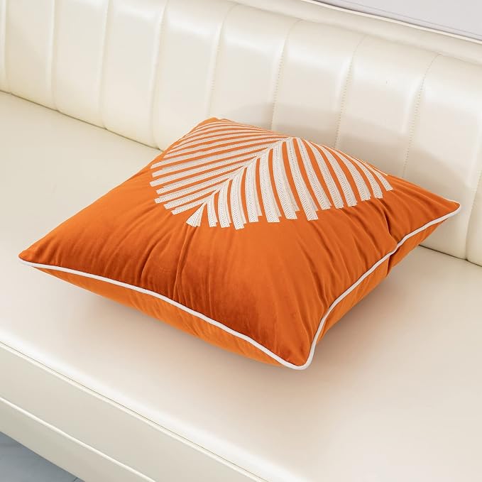 Aeckself Burnt Orange Farmhouse Throw Pillow Cover 18 x 18 Inch, Tree Leaves Embroidery Velvet Square Cushion Case Luxury Decorative Pillowcase for Couch Living Room Bedroom