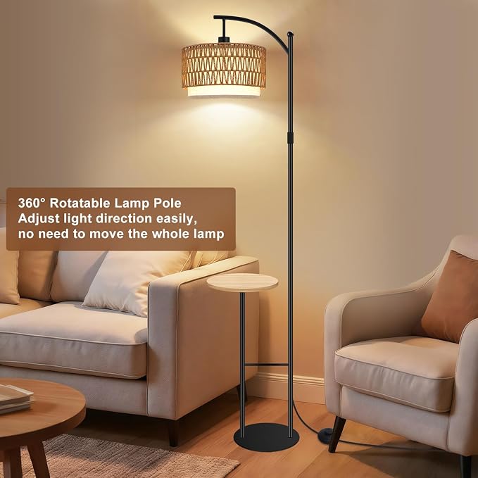 Vinaco Rattan Boho Floor Lamp with Table, Dimmable Remote & Foot Switch