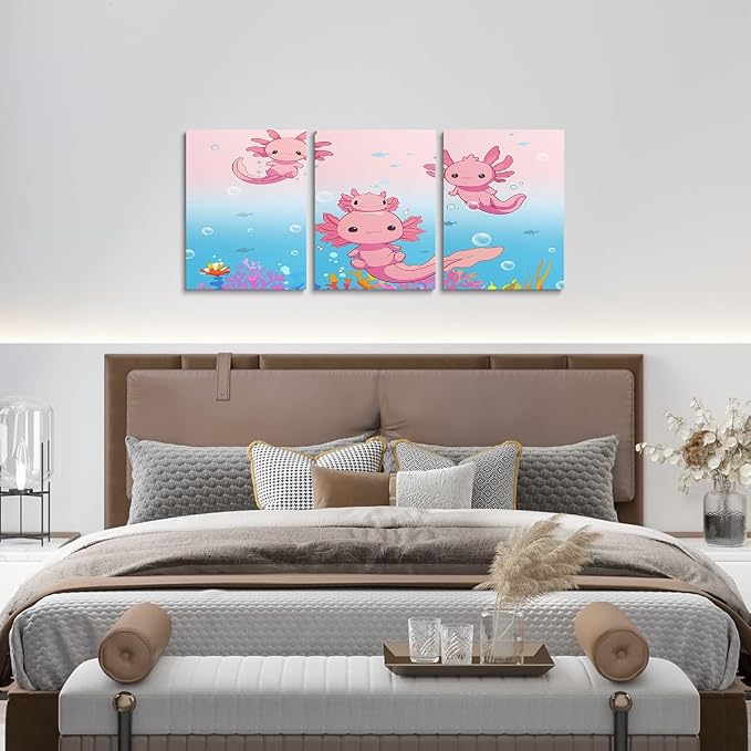 Feelyou Boys Girls Cute Axolotl Picture Wall Decor Ocean Sealife Canvas Wall Art for Living Room Bedroom Kids Cartoon Salamander Wall Painting Posters and Prints Kawaii Teens Wall Art 12"x16"x 3Pcs