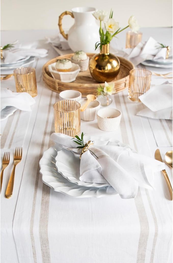 Solino Home 100% Linen Table Runner, 14 x 120 in, Natural and White Striped | French Stripe Table Runners for dining and console tables | woven stripe, mitered corners | Pure Linen | OEKO-TEX Certified