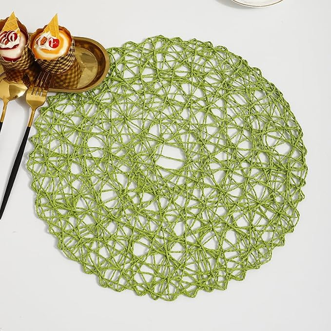 IcosaMro Grass Green Round Placemats Set of 12 for Dining Table, 13 Inches Paper Woven Boho Small Decorative Circle Place Mat for Wedding Christmas Thanksgiving Day Holiday Dinner, Green