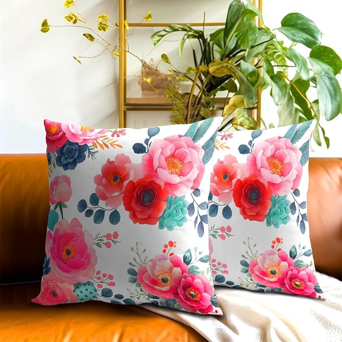 Watercolor Peony Throw Pillow Covers 16x16 Inch Set of 2 Pink Floral Girly Green Leaves Decorative Pillow Case Spring Summer Flower Square Cotton Cushion Cover for Home Couch Bed