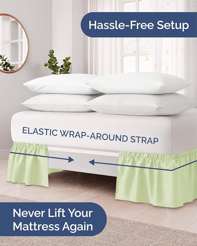 Wrap Around Dust Ruffle Bed Skirt, Queen - 15 Inch Drop, Light Sage Green | Easy Fit Elastic Strap, Adjustable Pleated Bedskirt w/Brushed Fabric, Wrinkle & Fade Free, for Women, Men, Kids & Teens
