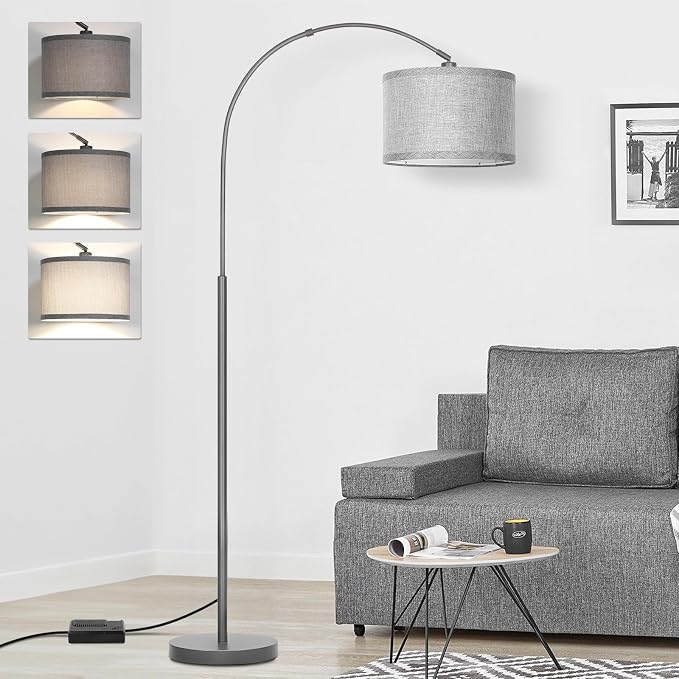 Arc Floor Lamp with Dimmer,Dimmable Floor Lamp with Gray Adjustable Shade