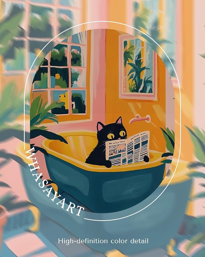Black Cat Reading Newspaper in Bathtub 12x16 Framed Wall Art, Tub Scene, Lush Green Plants, Vintage Tiles Canvas Print, Bright Retro Whimsical Funny Bathroom Home Decor