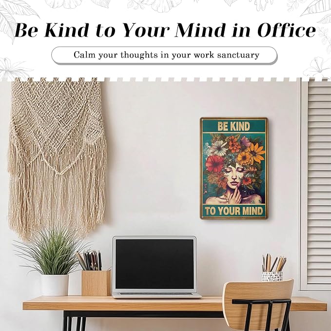 HYBLOM Vintage Room Decor, Boho Office Decor, Be Kind to Your Mind Wall Art Signs, Hippie Posters for House Aesthetic, Retro Metal Sign 12x8 Inches