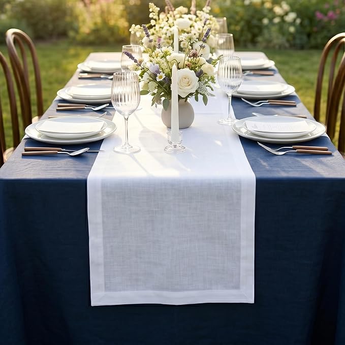Solino Home 100% Pure Linen Table Runner White Extra Long, Fete 14 x 132 in | dresses up dining tables for everyday meals, European flax fibres, handloomed texture, machine washable, OEKO-TEX Certified