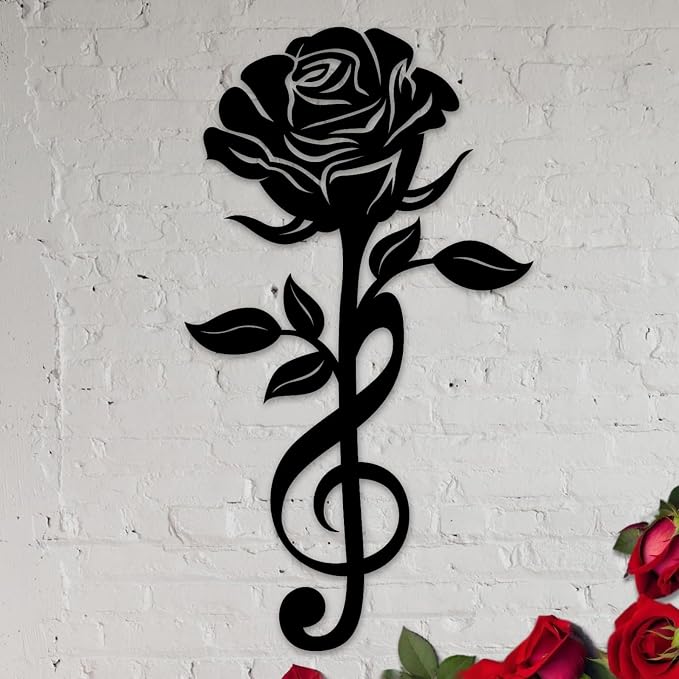 DUOOLN Metal Music Notes Wall Decor Art, Rose Flowers Hanging Painting Sign | Musical-Themed Sculpture|Gift for Music Lovers|Rustic Home Living Room Teacher'S Office Indoor Outdoor |Black 11.8x6.69in