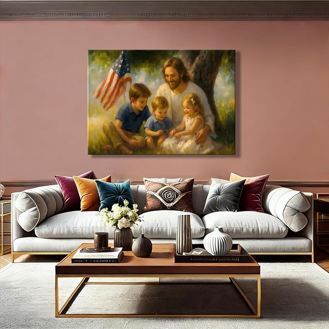 RIBNTAK Made in USA Patriotic Christian Wall Art, Jesus with Kids and US Flag Canvas Print, Inspirational Religious Home Decor for 4th of July, Memorial Day, and Christian Family Gifts