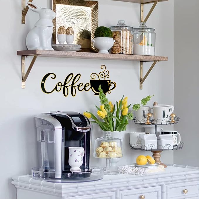 QSHU HUNG Coffee Cup Metal Wall Art Coffee Wall Sculpture Sign Wall Decor for Kitchen Restaurant Shop Decors Accessories