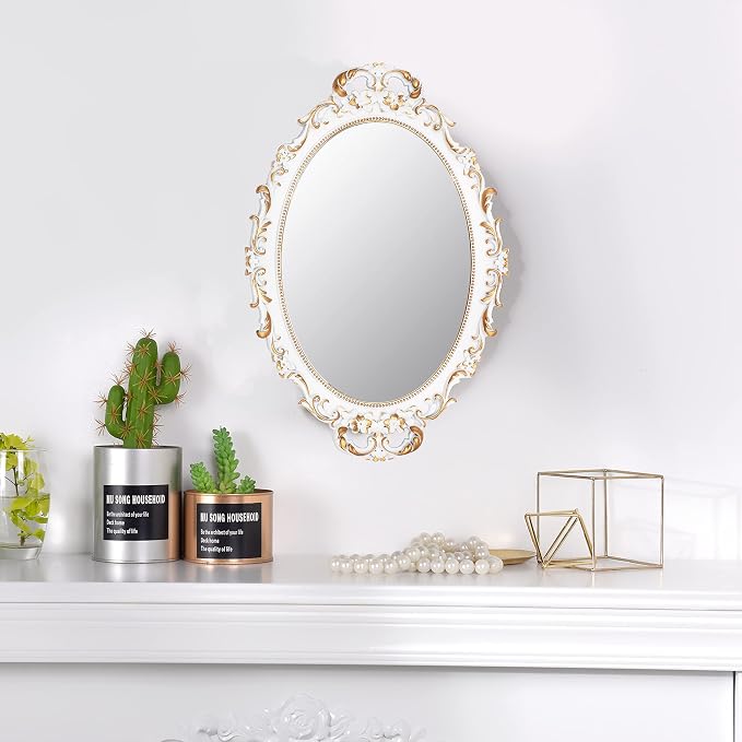 Tstarer Vintage Decorative White Framed Mirror, Small Oval Wall Hanging Mirror - 9.6" W x 14.3" L (White)